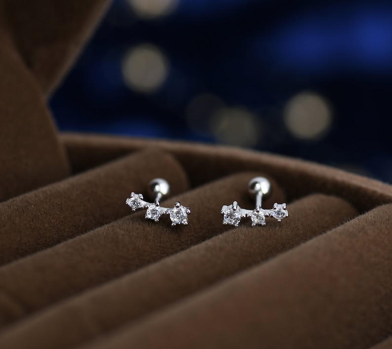 Extra Tiny CZ Trio Screw Back Earrings in Sterling Silver, Silver or Gold, Geometric Tiny Three Star CZ Barbell Earrings, Stacking Earrings image 1