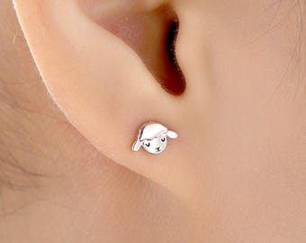 Cute Sheep Stud Earrings in Sterling Silver, Fluffy Sheep Face Earrings, Nature Inspired Sheep Head Earrings, Pet Lover