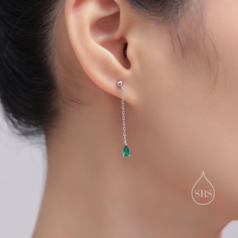 Emerald Green Droplet CZ with Chain Dangle Stud Earrings in Sterling Silver, Silver or Gold, Green CZ Pear Drop Earrings image 2