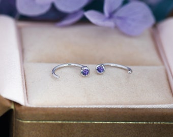 2mm Amethyst Purple CZ Huggie Hoop Earrings in Sterling Silver, Silver or Gold, Half Hoop, Open Hoop, Pull Through, February Birthstone