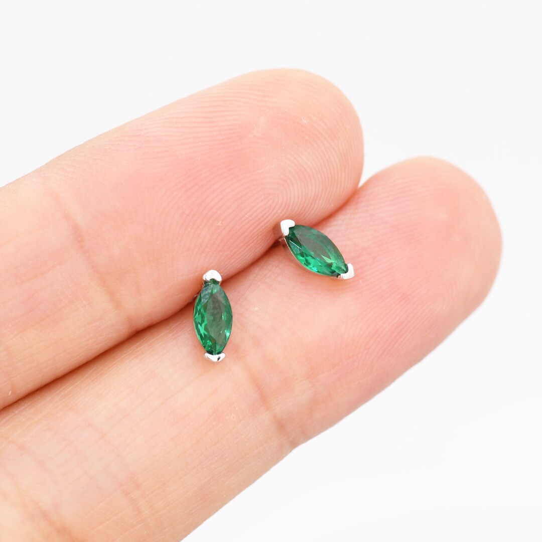 Sterling Silver Emerald Green Marquise Stud Earrings, Simulated Emerald Crystal, Minimalist