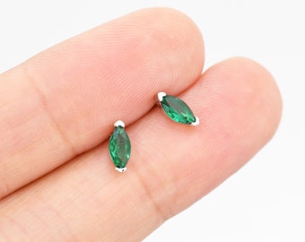 Sterling Silver Emerald Green Marquise Stud Earrings, Simulated Emerald Crystal,  Minimalist Geometric Design, May Birthstone