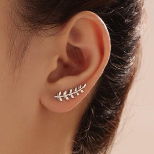 Pendientes trepadores de hojas en plata de ley, plata, oro u oro rosa, pendientes trepadores de rama de olivo, pendientes trepadores inspirados en la naturaleza