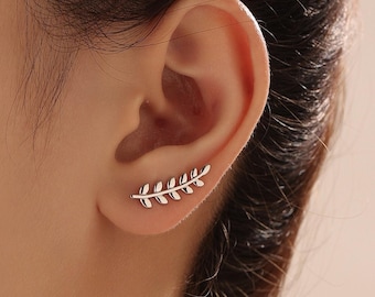 Leaf crawler Earrings in Sterling Silver, Silver, Gold or Rose Gold, Olive Branch Climber Earrings, Nature Inspired Ear Climbers