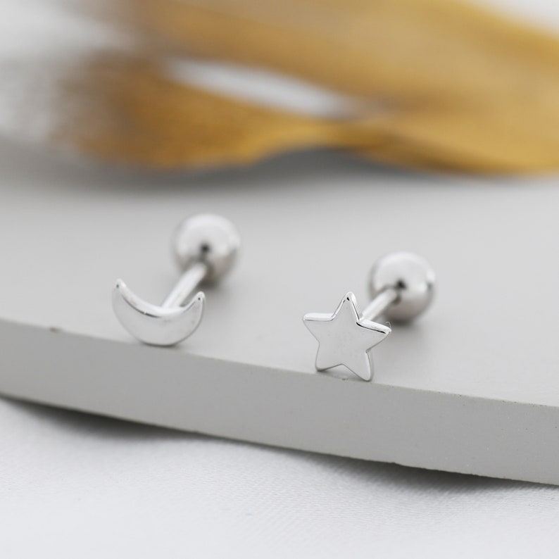Mismatched Moon and Star Barbell Earrings in Sterling Silver, Screw back Moon and Star Earrings, Celestial Earrings image 2