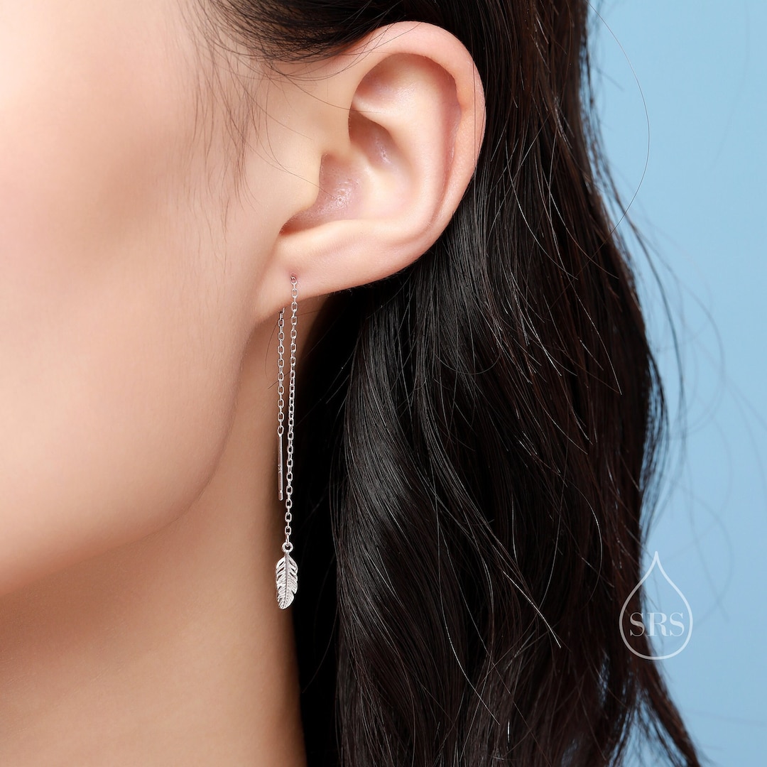 Sterling Silver Tiny Feather Ear Threaders, Feather Threader Earrings, Dainty Dangle Earrings
