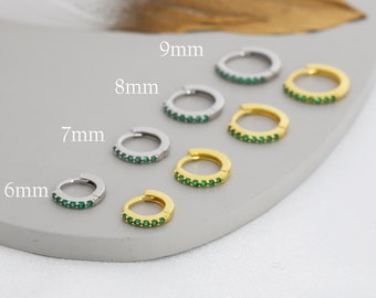 Emerald Green  CZ Huggie Hoops in Sterling Silver, Silver or Gold, Minimalist Hoop Earrings, 6mm, 7mm, 8mm Hoops, cartilage hoops,