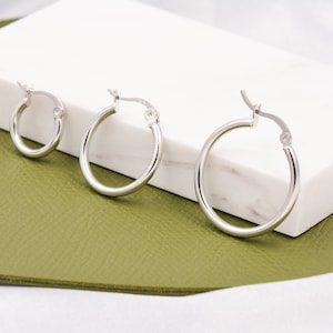 Minimalist Creole Hoop Earrings in Sterling Silver, 9mm 16mm 20mm, Lever Hoop Earrings, Simple Silver Hoops image 1