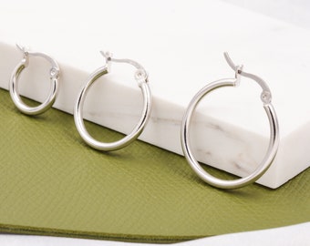 Minimalist Creole Hoop Earrings in Sterling Silver, 9mm 16mm 20mm, Lever Hoop Earrings, Simple Silver Hoops