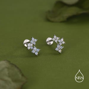 Könnte beinhalten: Ein Paar silberne Ohrstecker, jeweils mit einem Cluster aus kleinen, hellblauen, opalartigen Steinen in einem floralen Design. Die Ohrringe sind vor einem grünen Hintergrund platziert, der ihre zarten Details und ihr Funkeln hervorhebt.