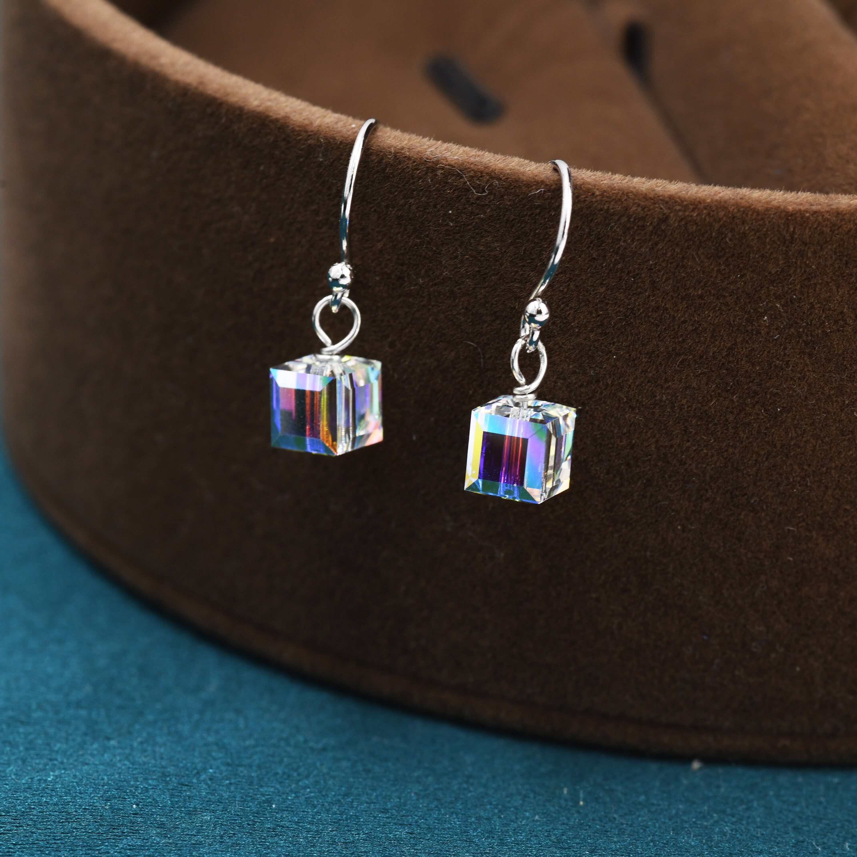 SilverRainSilver Aurora Borealis Cube Drop Hook Earrings in Sterling Silver AB CZ Cube Earrings Aurora Colour Changing Square Earrings
