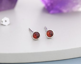 Sterling Silver Red Garnet Stud Earrings,  3mm Genuine Garnet Stone, Semi-precious Jewellery