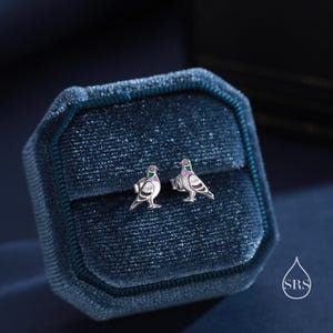 May include: A pair of silver dove earrings with pink, green, and white enamel detailing. The earrings are displayed in a blue velvet jewelry box.