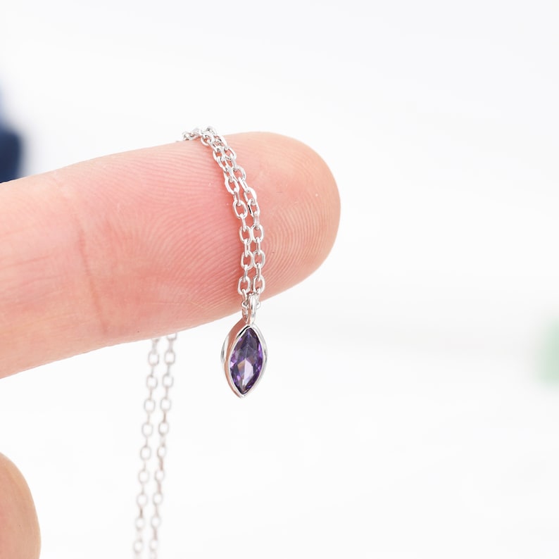 Extra Tiny Amethyst Purple Marquise CZ Necklace in Sterling Silver, Silver or Gold, Single Marquise Necklace image 2