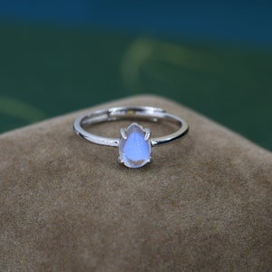 Moonstone Droplet Ring in Sterling Silver,  4x6mm, Prong Set Pear Cut Lab Moonstone, Adjustable Size, Simulated Moonstone Ring