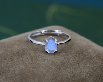 Moonstone Droplet Ring in Sterling Silver,  4x6mm, Prong Set Pear Cut Lab Moonstone, Adjustable Size, Simulated Moonstone Ring