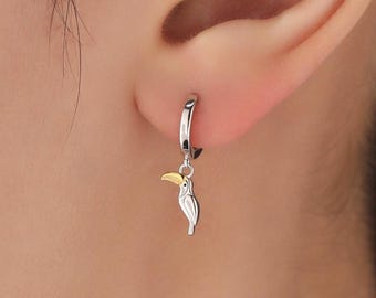 Super Cute Toucan Bird Huggie Hoop Earrings in Sterling Silver -  Cute Bird Hoop Earrings, Toucan Earrings