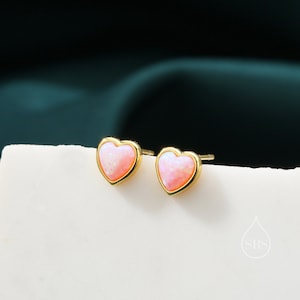 Pendientes de corazón de ópalo rosa en plata de ley, pendientes de corazón de ópalo, plata u oro, pendientes de corazón, pendientes de ópalo de fuego
