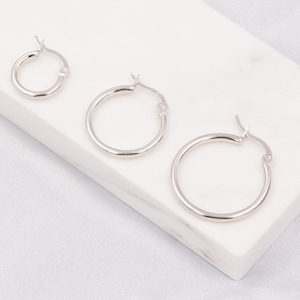 Minimalist Creole Hoop Earrings in Sterling Silver, 9mm 16mm 20mm, Lever Hoop Earrings, Simple Silver Hoops image 2