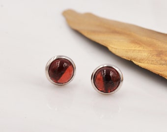 Natural Garnet Stud Earrings in Sterling Silver, 6mm Red Garnet, Dark Red, Genuine Gemstone, Minimalist Geometric Design