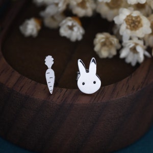 Mismatched Rabbit and Carrot Stud Earrings in Sterling Silver, Asymmetric Cute Bunny and Carrot Earrings image 3