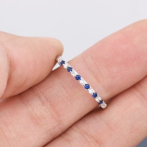 Sapphire Blue and Clear CZ Half Eternity Ring in Sterling Silver, Silver or Gold, Sapphire Blue CZ Skinny Ring, Stacking Ring US 5 - 8