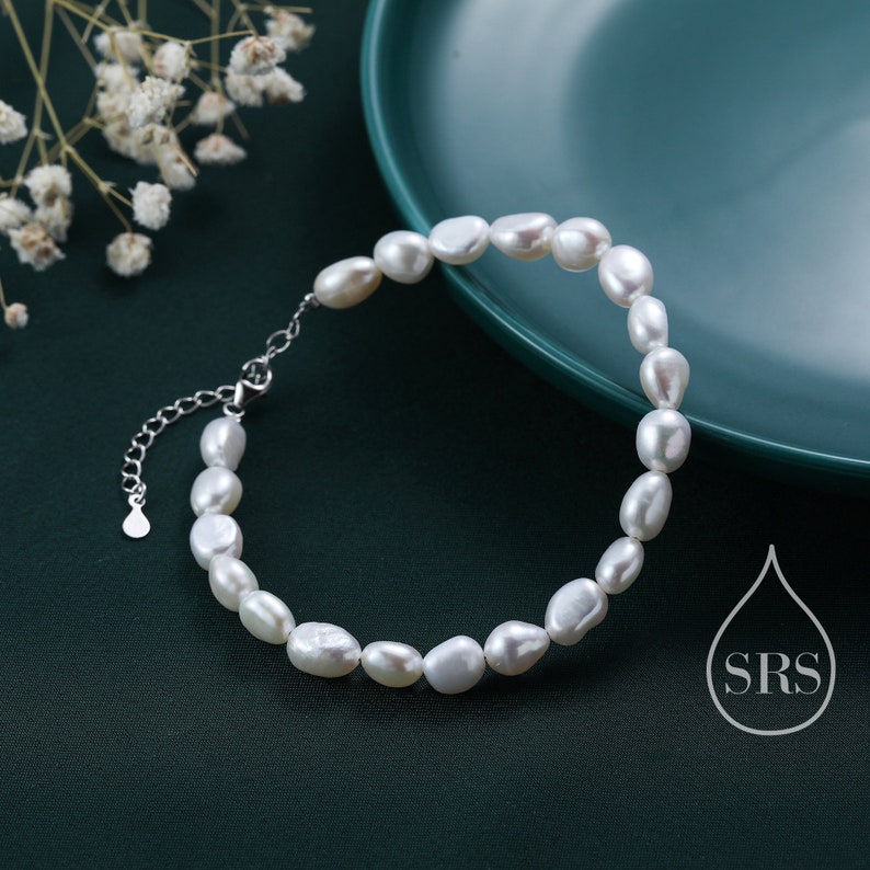 Pulsera de perlas barrocas de plata de ley, plata u oro, perlas genuinas de agua dulce, pulsera de perlas naturales imagen 2
