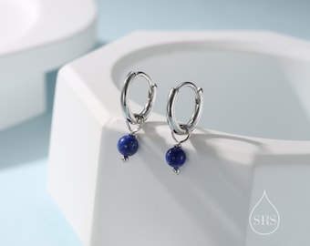 Sterling Silver Genuine Lapis Lazuli Bead Huggie Hoop Earrings,  Minimalist Lapis Lazuli Stone Dangle Hoop Earrings, Lapis Hoop Earrings