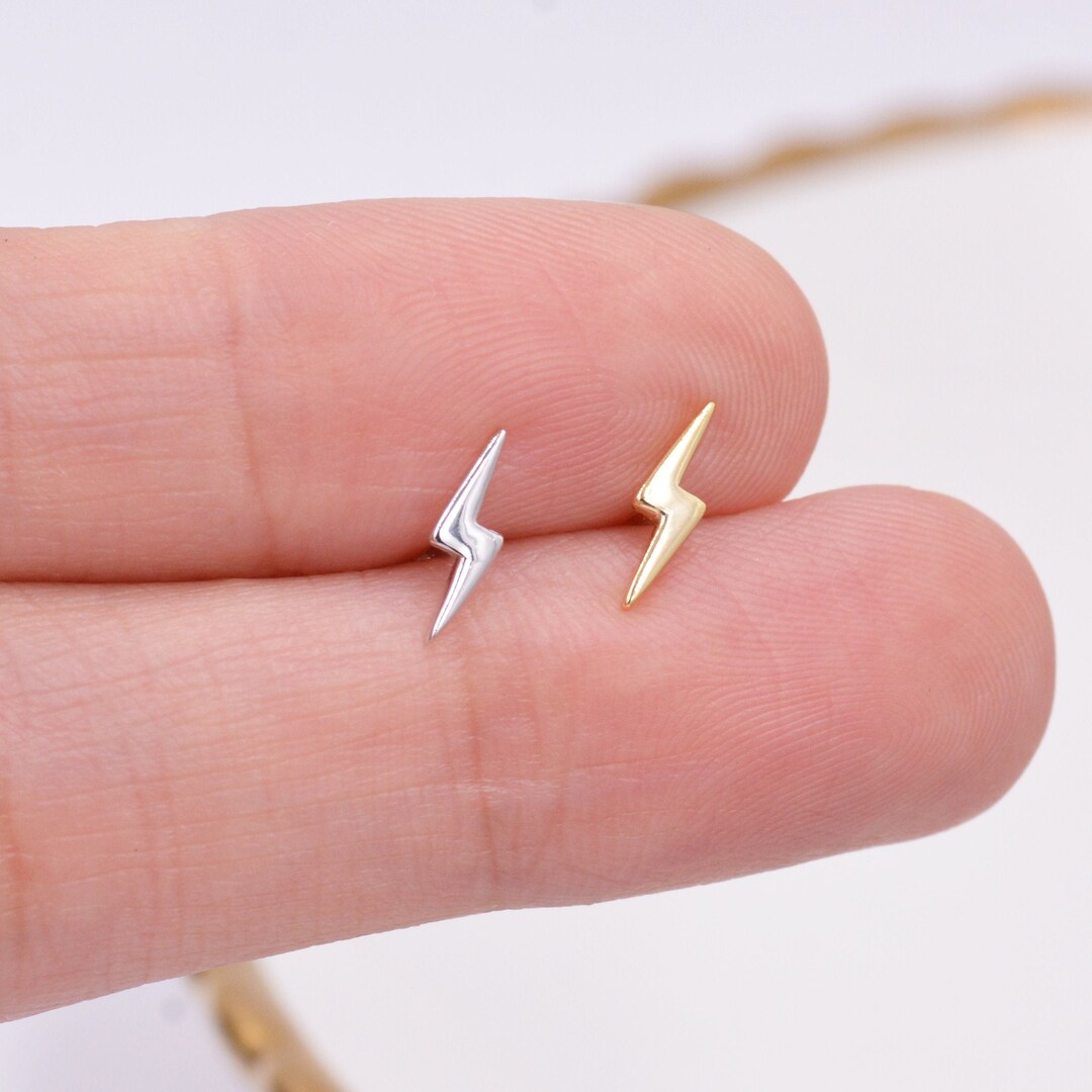 Lightening Bolt Stud Earrings in Sterling Silver, Silver or Gold, Delicate Stacking Earrings