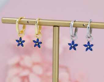 Sapphire Blue Flower CZ Huggie Hoop in Sterling Silver, Silver or Gold, Minimalist Simple Hoop Earrings, Detachable and Interchangeable