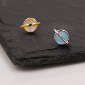 Little Planet Stud Earrings in Sterling Silver - Simulated Moonstone - Gold or Silver - Sold as a Pair - Cute, Fun, Whimsical and Pretty image 5
