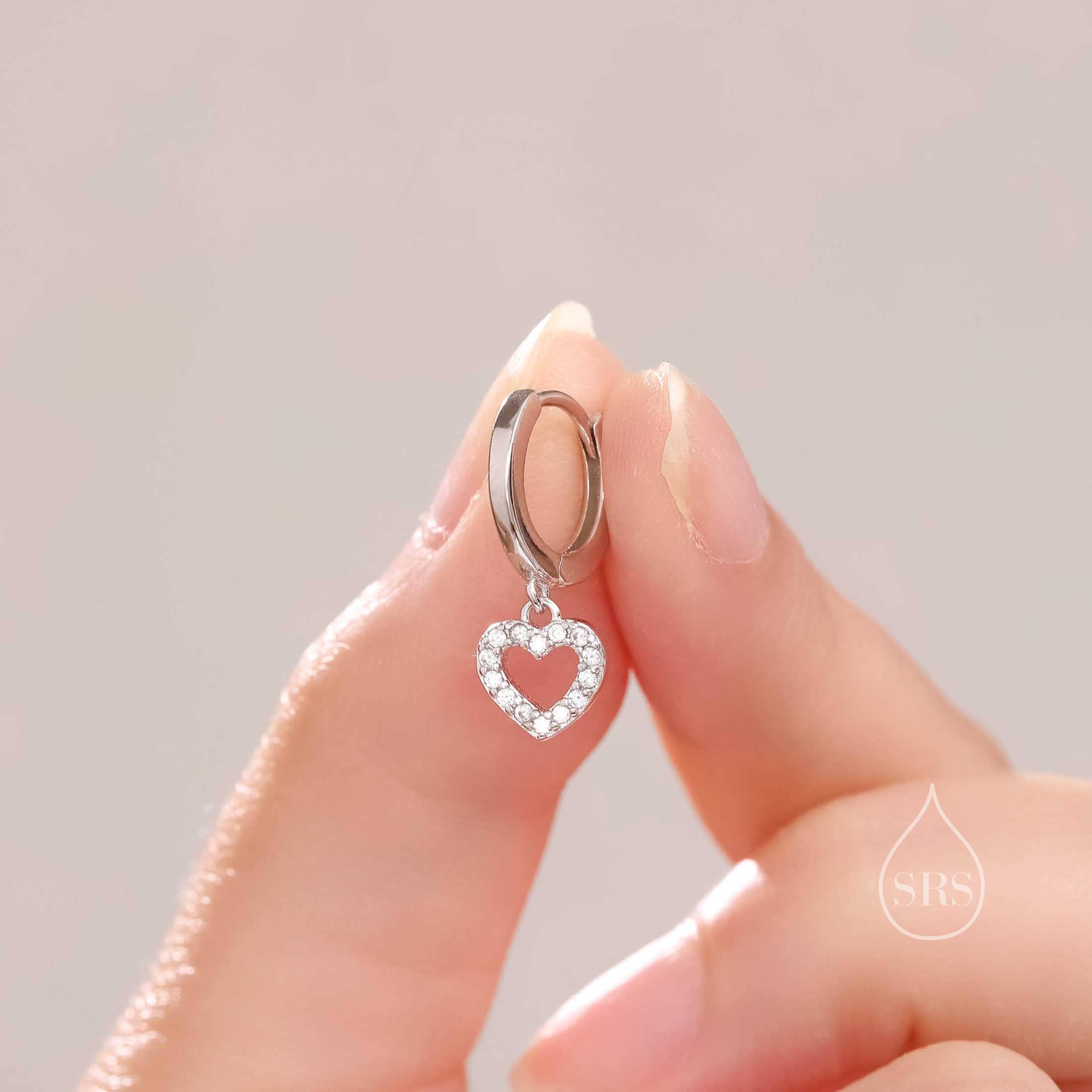 Tiny CZ Heart Dangle Huggie Hoop in Sterling Silver, Silver or Gold or Rose Gold, Skinny CZ Heart Earrings, Heart Huggie Hoops