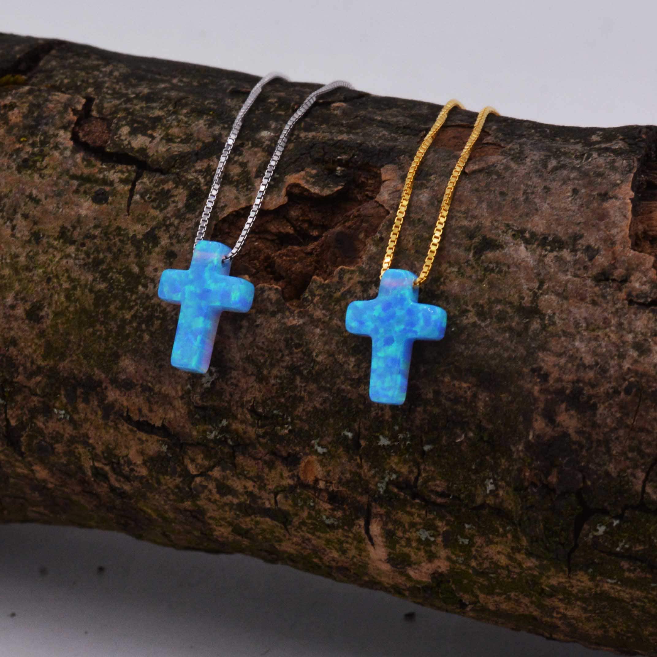 Blue Opal Cross Pendant Necklace 