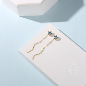 Aquamarine Blue Star Bezel CZ Crystal Threader Earrings in Sterling Silver, Silver or Gold, Minimalist Star Cut Ear Threaders image 4