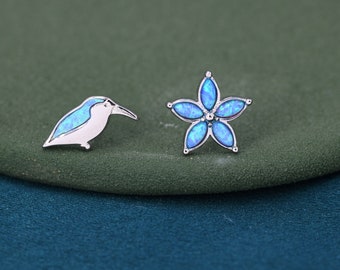 Mismatched Kingfisher Bird and Flower Stud Earrings in Sterling Silver with Blue Opals, Asymmetric Bird and Flower Earrings, Lab Opals