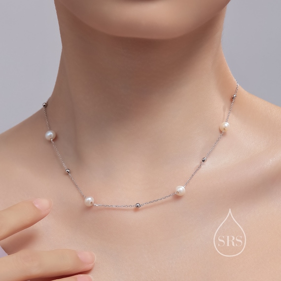 Genuine Pearl Choker Necklace in Sterling Silver, Silver or