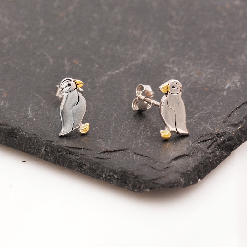 Puffin Bird Stud Earrings in Sterling Silver Gold and Silver Two Tone Cute, Fun, Whimsical and Pretty Jewellery image 3