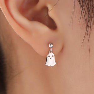 Sterling Silver Little Ghost Drop Stud Earrings, Silver or Gold or Rose Gold, Cute Ghost Dangle Stud Earrings, Ghost Dangle Earrings