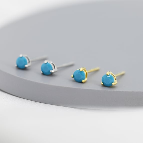 Tiny Turquoise CZ Stud Earrings in Sterling Silver Silver or Gold