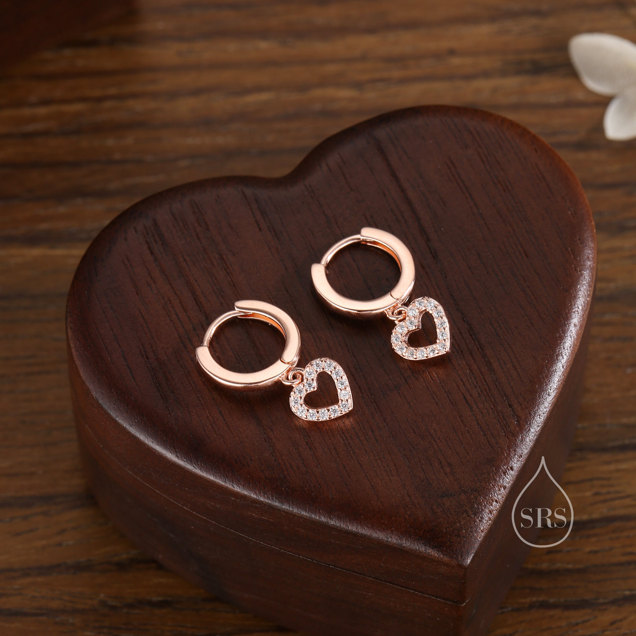 Tiny CZ Heart Dangle Huggie Hoop in Sterling Silver, Silver or Gold or Rose Gold, Skinny CZ Heart Earrings, Heart Huggie Hoops