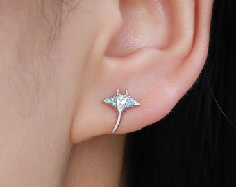 Manta Ray Fish Stud Earrings in Sterling Silver, Aquamarine Blue Manta Ray CZ Earrings in Sterling Silver, Stingray Fish Earring
