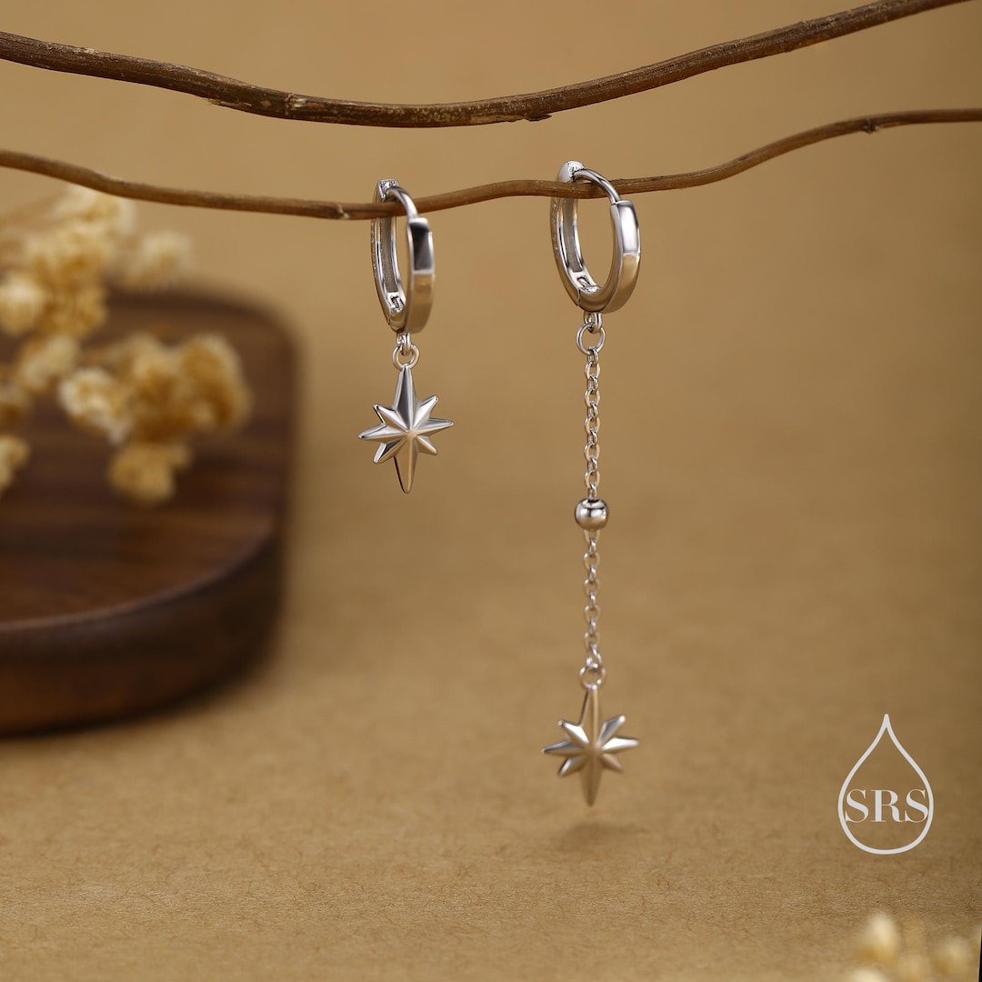 Asymmetric Starburst Huggie Hoop Earrings in Sterling Silver, Gold or Rose Gold, North Star Charm Earrings, Sunburst Earrings, Celestial - Etsy Japan