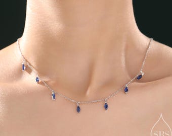 Halsband med safirblått CZ-hänge i sterlingsilver, silver eller guld, Marquise Charm-halsband, satellithalsband med droppar