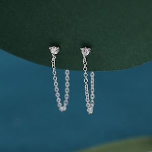 Boucles d'oreilles CZ et chaîne en argent sterling, argent ou or, boucles d'oreilles à l'avant et à l'arrière, boucles d'oreilles en deux parties, ZC avec boucles d'oreilles en chaîne