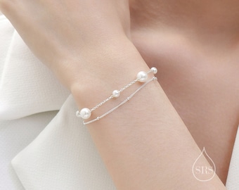 Sterling Silver Delicate Mother of Pearl Beaded Bracelet, Double Layer Pearl Bracelet, Simulated Pearl Bracelet, Two Layer