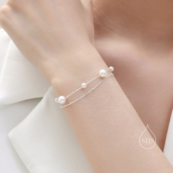 Sterling Silver Delicate Mother of Pearl Beaded Bracelet, Double