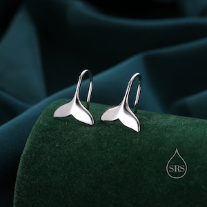 Whale Tail Drop Hook Earrings in Sterling Silver, Silver or Gold or Rose Gold, Fish Tail Earrings, Fish Earrings, Silver Fish Earring