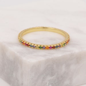 Skinny Rainbow Crystal Pave Ring in Sterling Silver, Gold Vermeil Crystal Pave Ring, Stacking Rings, Eternity Ring, US 5 - 8