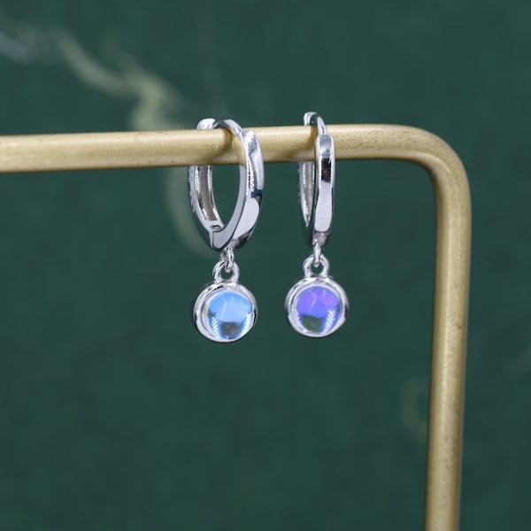 Dangle Moonstone Huggie Hoop in Sterling Silver, Simulated Moonstone Hoops,  Minimalist Hoop Earrings, Moonstone Coin Hoops