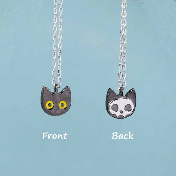 Schrodinger's Cat Double Sided Pendant Necklace in Sterling Silver, Black Rhodium Coated Cat Necklace, Black Cat Pendant Necklace